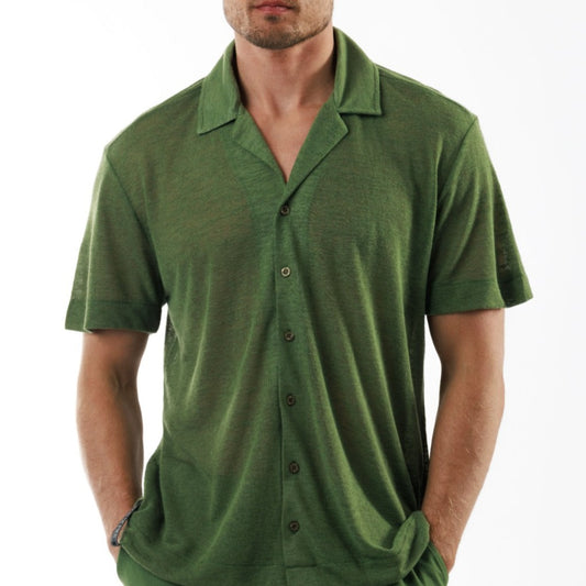 LOULOU MILITARY GREEN | Oversized Linen Shirt Short Sleeve